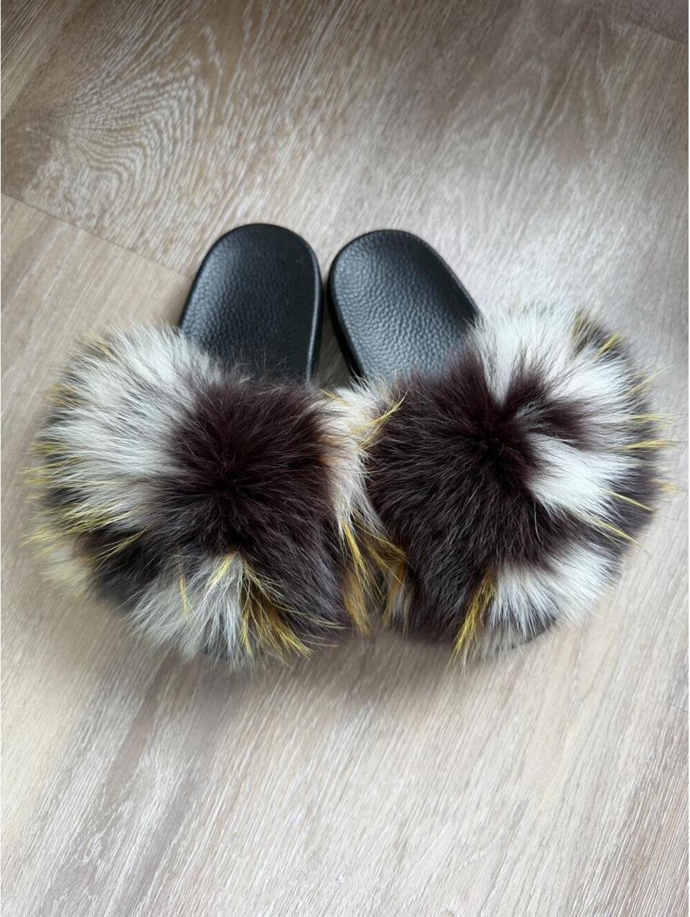 Yves Salomon furry flip flops